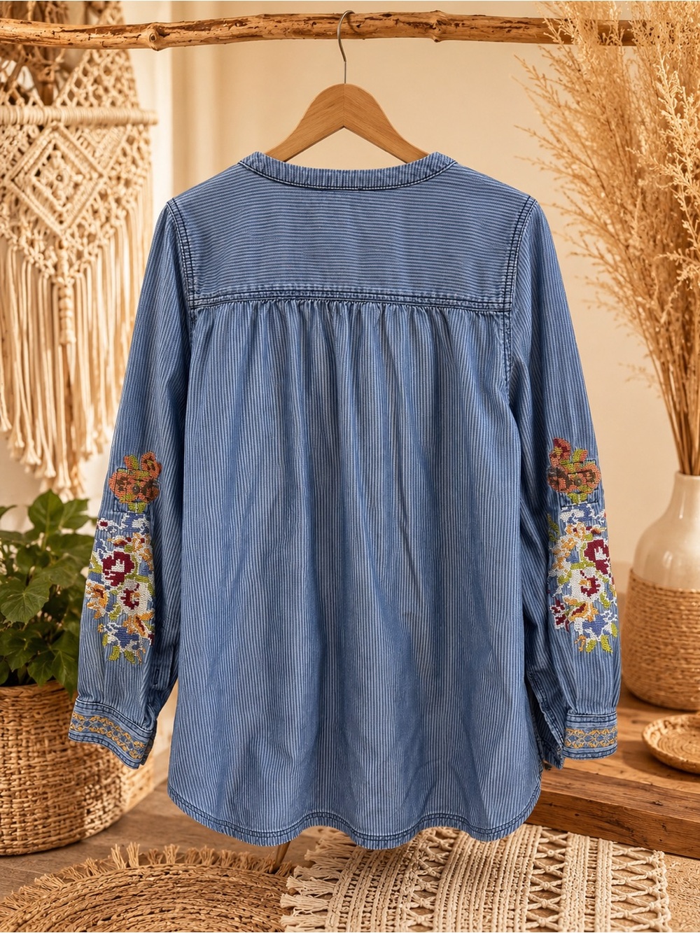 Boho Sundance Embroidered Blue Peasant Tunic Top XL - Picture 2 of 2